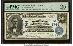 image for: Burlington, IA - $50 1902 Date Back Fr. 670 The Merchants National Bank Ch. # (M)1744 PMG Very Fine 25....