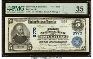 image for: Holtville, CA - $5 1902 Plain Back Fr. 601 The First National Bank Ch. # 9770 PMG Choice Very Fine 35....