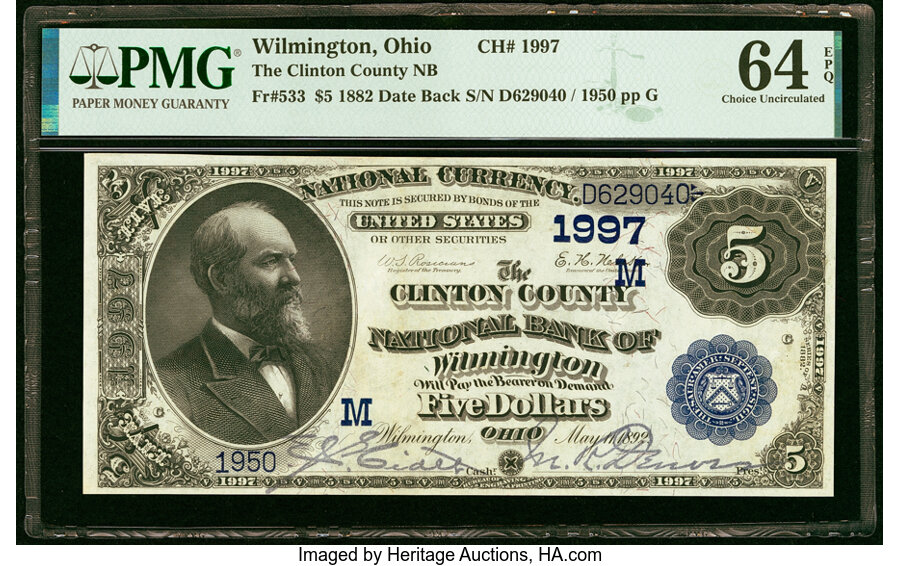 image for: Wilmington, OH - $5 1882 Date Back Fr. 533 The Clinton County National Bank Ch. # (M)1997 PMG Choice Uncirculated 64 EPQ....