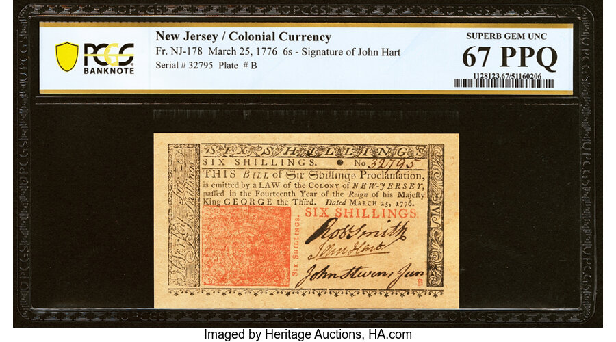 image for: John Hart Signed New Jersey March 25, 1776 6s PCGS Banknote Superb Gem Unc 67 PPQ....