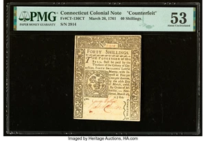 image for: Connecticut March 26, 1761 40s Uncancelled Contemporary Counterfeit PMG About Uncirculated 53....