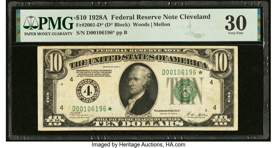 image for: Fr. 2001-D* $10 1928A Federal Reserve Star Note. PMG Very Fine 30....