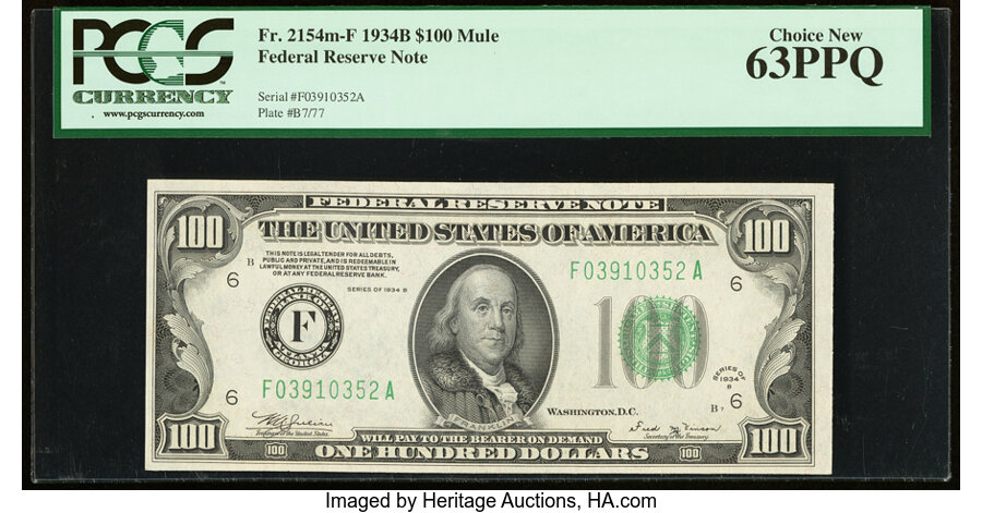 image for: Fr. 2154-F $100 1934B Mule Federal Reserve Note. PCGS Choice New 63PPQ....