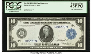 image for: Fr. 949 $10 1914 Federal Reserve Note PCGS Extremely Fine 45PPQ....