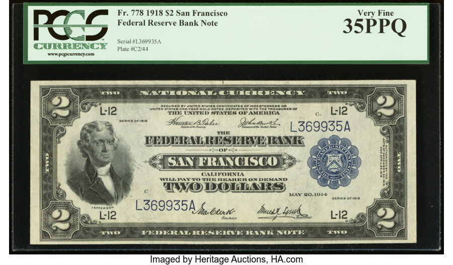 image for: Fr. 778 $2 1918 Federal Reserve Bank Note PCGS Very Fine 35PPQ....