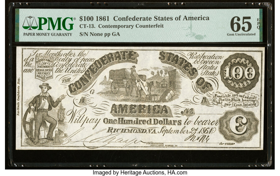 image for: CT13/56B Contemporary Counterfeit $100 1861 PMG Gem Uncirculated 65 EPQ....