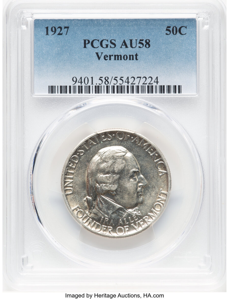 1927 50C Vermont AU58 PCGS. Mintage 28,142. ...
