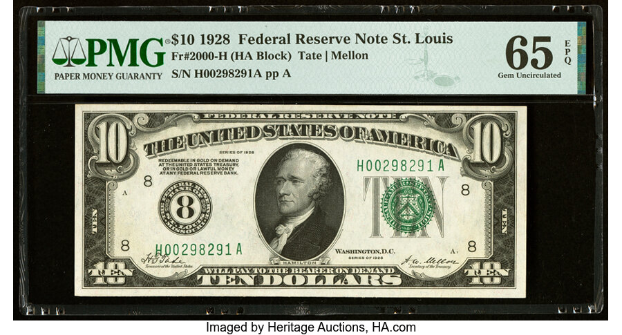 image for: Fr. 2000-H $10 1928 Federal Reserve Note. PMG Gem Uncirculated 65 EPQ....