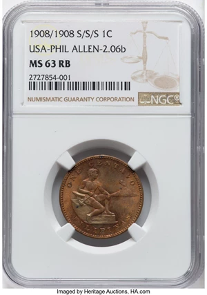 image for: 1908-S/S/S 1C Philippines Centavo, Repunched 19, Allen 2.06b, MS63 Red and Brown NGC. NGC Census: (1/3)....