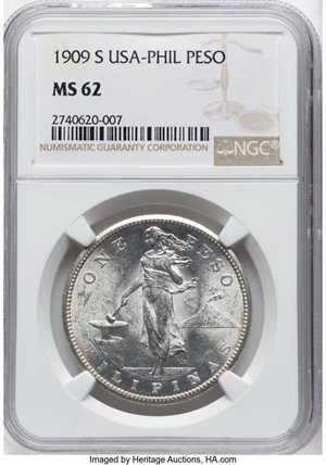 image for: 1909-S Philippines Peso MS62 NGC. NGC Census: (48/39). Mintage 7,578,000. ...