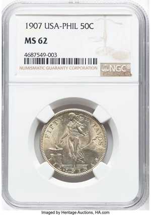 image for: 1907 50C Philippines 50 Centavos MS62 NGC. NGC Census: (0/0). ...