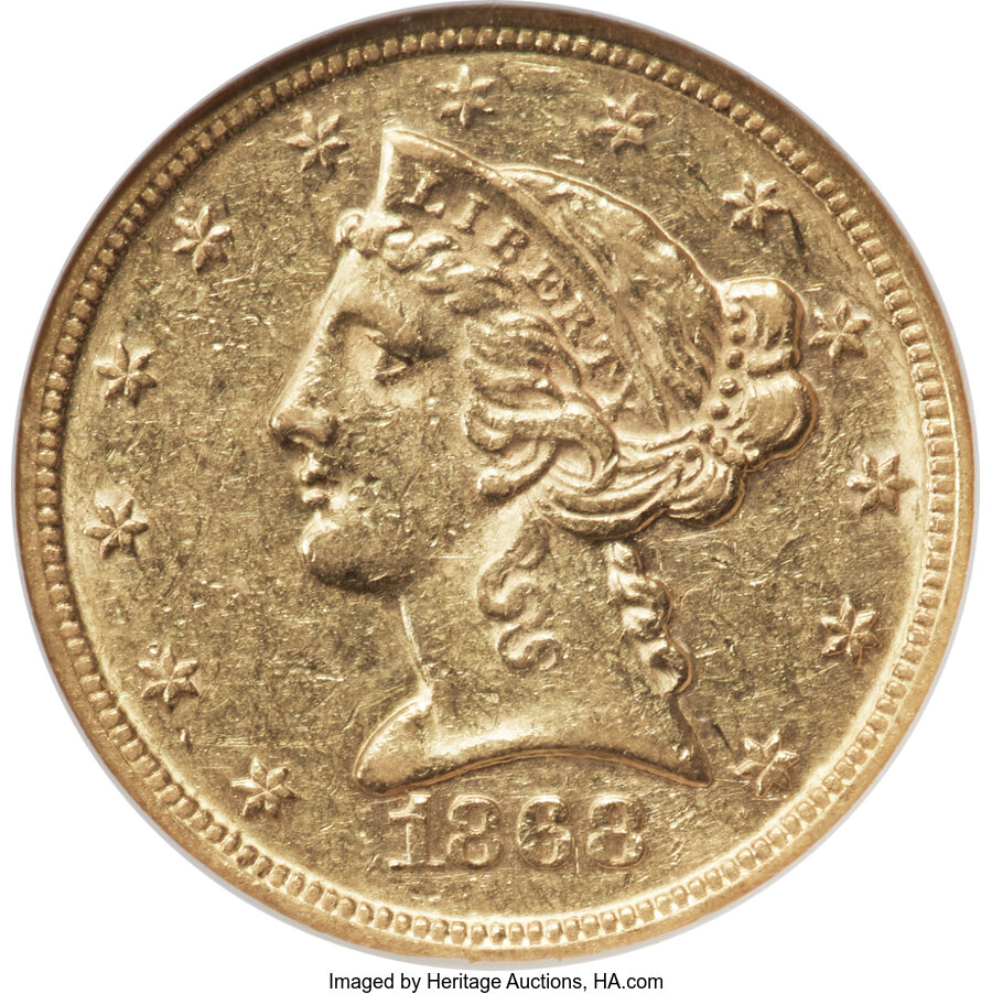 image for: 1868 $5 AU55 NGC....