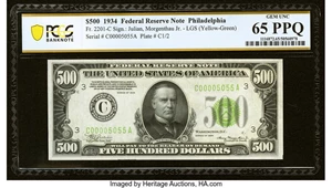 image for: Fr. 2201-C $500 1934 Light Green Seal Federal Reserve Note. PCGS Banknote Gem Unc 65 PPQ....