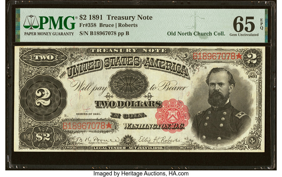 image for: Fr. 358 $2 1891 Treasury Note PMG Gem Uncirculated 65 EPQ....