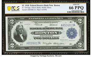 image for: Fr. 749 $2 1918 Federal Reserve Bank Note PCGS Banknote Gem Unc 66 PPQ....