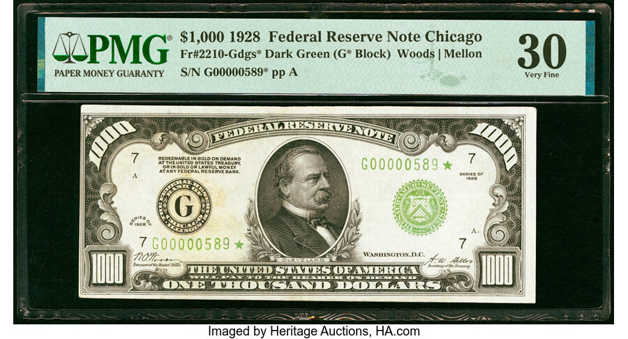 image for: Fr. 2210-G* $1,000 1928 Federal Reserve Star Note. PMG Very Fine 30....