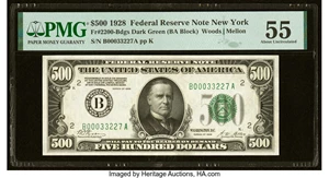 image for: Fr. 2200-B $500 1928 Federal Reserve Note. PMG About Uncirculated 55....