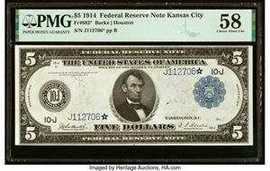 image for: Fr. 882* $5 1914 Federal Reserve Star Note PMG Choice About Unc 58....