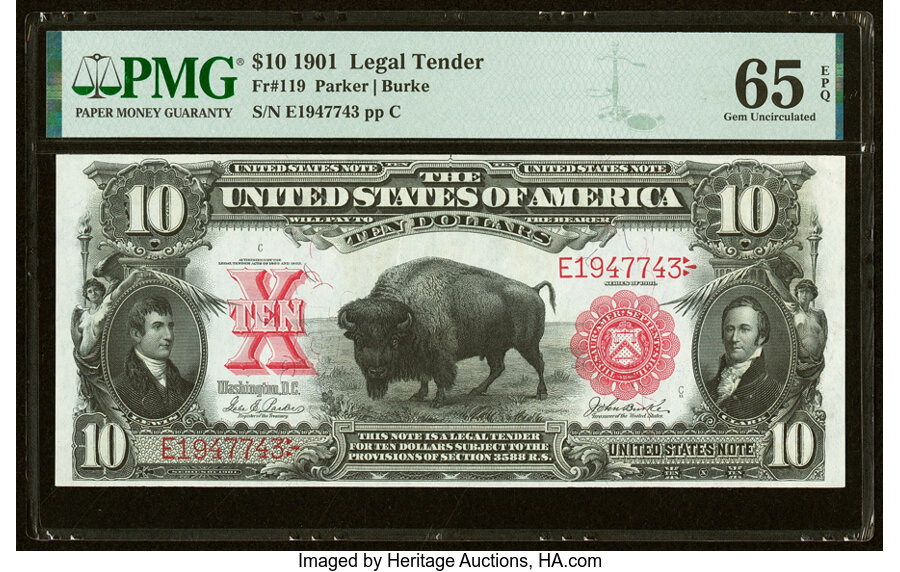 image for: Fr. 119 $10 1901 Legal Tender PMG Gem Uncirculated 65 EPQ....