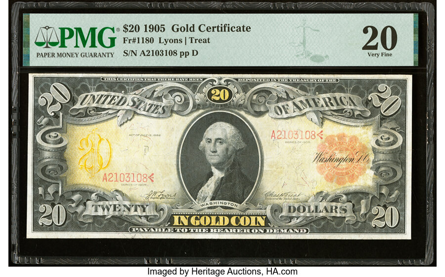 image for: Fr. 1180 $20 1905 Gold Certificate PMG Very Fine 20....