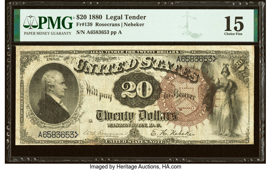 image for: Fr. 139 $20 1880 Legal Tender PMG Choice Fine 15....