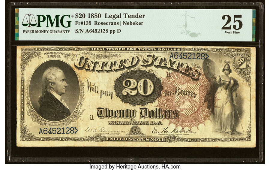 image for: Fr. 139 $20 1880 Legal Tender PMG Very Fine 25....