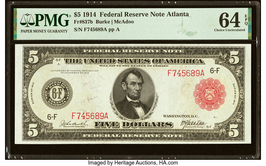 image for: Fr. 837b $5 1914 Red Seal Federal Reserve Note PMG Choice Uncirculated 64 EPQ....