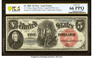 image for: Fr. 73 $5 1880 Legal Tender PCGS Banknote Gem Unc 66 PPQ....
