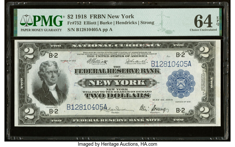 image for: Fr. 752 $2 1918 Federal Reserve Bank Note PMG Choice Uncirculated 64 EPQ....