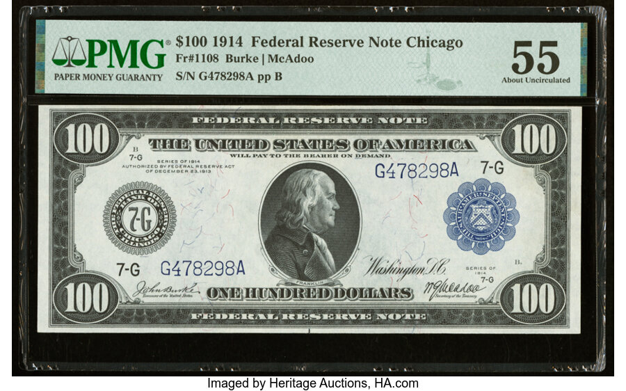 image for: Fr. 1108 $100 1914 Federal Reserve Note PMG About Uncirculated 55....