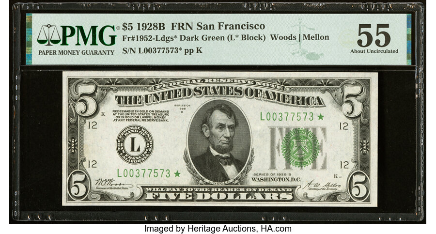image for: Fr. 1952-L* $5 1928B Federal Reserve Star Note. PMG About Uncirculated 55....