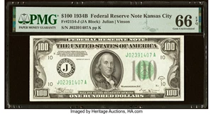 image for: Fr. 2154-J $100 1934B Federal Reserve Note. PMG Gem Uncirculated 66 EPQ....