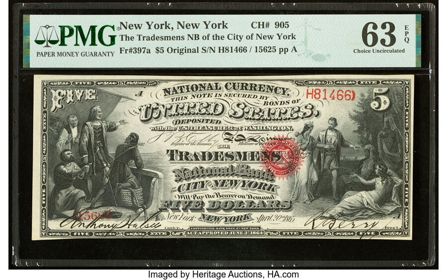 image for: New York, NY - $5 Original Fr. 397a The Tradesmen's National Bank Ch. # 905 PMG Choice Uncirculated 63 EPQ....