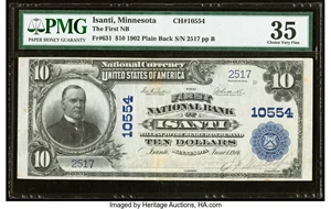 image for: Isanti, MN - $10 1902 Plain Back Fr. 631 The First National Bank Ch. # 10554 PMG Choice Very Fine 35....