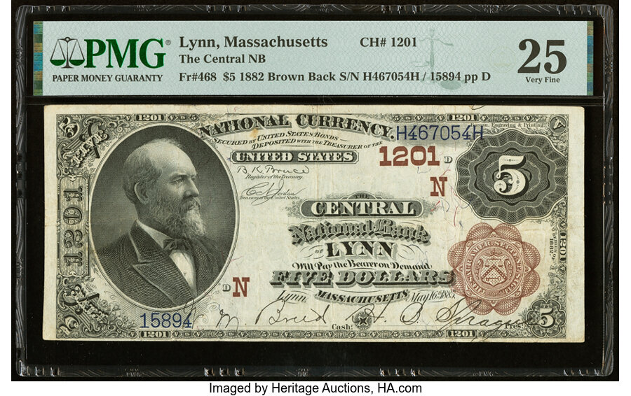 image for: Lynn, MA - $5 1882 Brown Back Fr. 468 The Central National Bank Ch. # (N)1201 PMG Very Fine 25....
