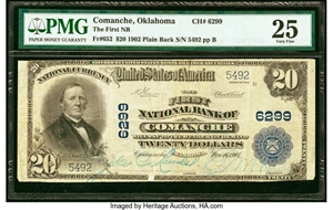 image for: Comanche, OK - $20 1902 Plain Back Fr. 652 The First National Bank Ch. # 6299 PMG Very Fine 25....