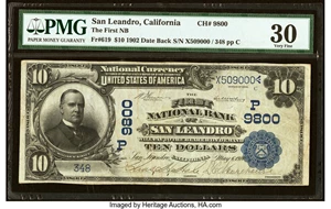 image for: San Leandro, CA - $10 1902 Date Back Fr. 619 The First National Bank Ch. # (P)9800 PMG Very Fine 30....
