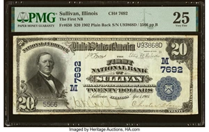 image for: Sullivan, IL - $20 1902 Plain Back Fr. 650 The First National Bank Ch. # (M)7692 PMG Very Fine 25....
