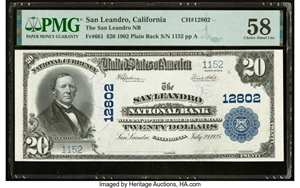 image for: San Leandro, CA - $20 1902 Plain Back Fr. 661 The San Leandro National Bank Ch. # 12802 PMG Choice About Unc 58....