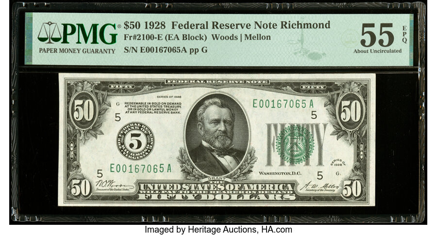 image for: Fr. 2100-E $50 1928 Federal Reserve Note. PMG About Uncirculated 55 EPQ....
