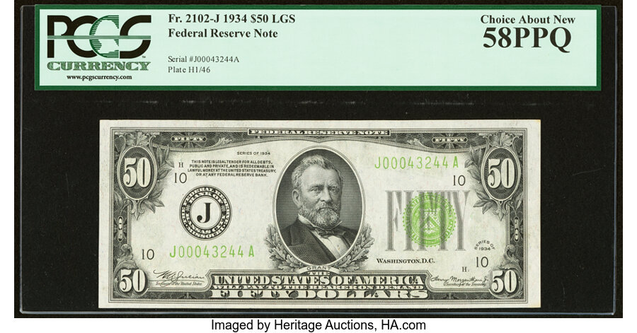 image for: Fr. 2102-J $50 1934 Light Green Seal Federal Reserve Note. PCGS Choice About New 58PPQ....