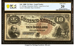 image for: Fr. 108 $10 1880 Legal Tender PCGS Banknote Very Fine 20....