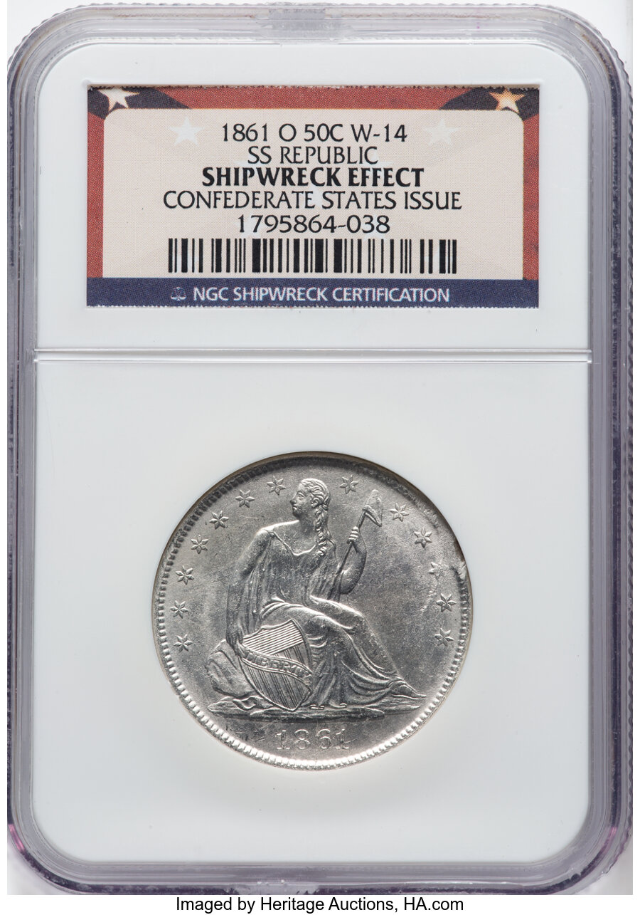 image for: 1861-O 50C Bisected Date, Speared Olive Bud, WB-103, WB-104, Die Pair 14, R.4 -- Shipwreck Effect -- NGC. Ex: S.S. Republ...