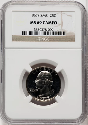 image for: 1967 25C SMS MS69 Cameo NGC. NGC Census: (5/0)....