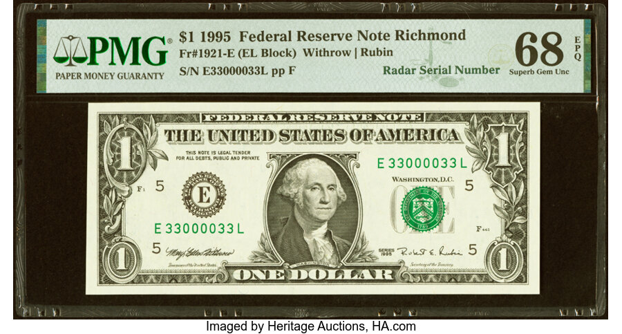 image for: Fancy Radar Serial Number 33000033 Fr. 1921-E $1 1995 Federal Reserve Note. PMG Superb Gem Unc 68 EPQ....