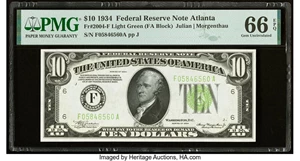 image for: Fr. 2004-F $10 1934 Light Green Seal Federal Reserve Note. PMG Gem Uncirculated 66 EPQ....