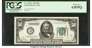 image for: Fr. 2100-C $50 1928 Federal Reserve Note. PCGS Choice New 63PPQ....