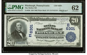 image for: Pittsburgh, PA - $20 1902 Plain Back Fr. 650 The Mellon National Bank Ch. # (E)6301 PMG Uncirculated 62....