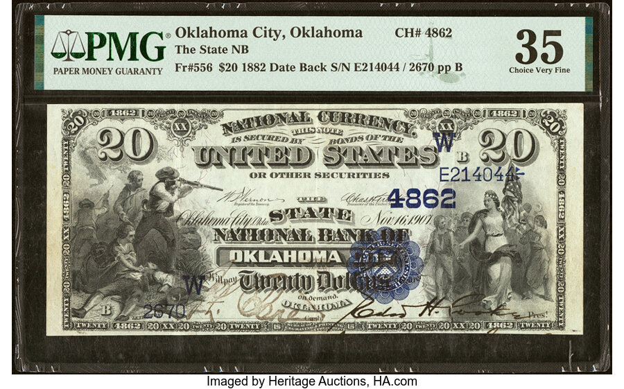 image for: Oklahoma City, OK - $20 1882 Date Back Fr. 556 The State National Bank Ch. # (W)4862 PMG Choice Very Fine 35....