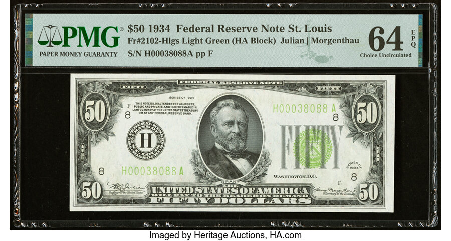 image for: Fr. 2102-H $50 1934 Light Green Seal Federal Reserve Note. PMG Choice Uncirculated 64 EPQ....